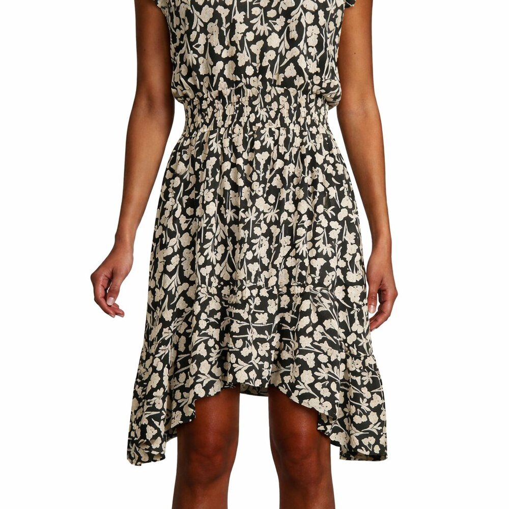 Saks Black and Cream Floral High-Low Ruffle Fit & Flare Knee Length Dress Medium - Picture 3 of 11